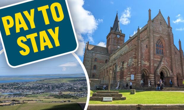 A general view of Orkney and a photo of Kirkwall Cathedral with a PAY TO STAY rubber stamp in the top left corner