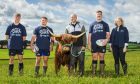 Glasgow Warriors' Fergus Watson, Edinburgh Rugby's Paddy)Harrison, Amber the Highland cow, South Lanarkshire-based farmer and rugby player Euan Sanderson, Glasgow Warriors' Murphy Walker and Aileen Marchant, of QMS.