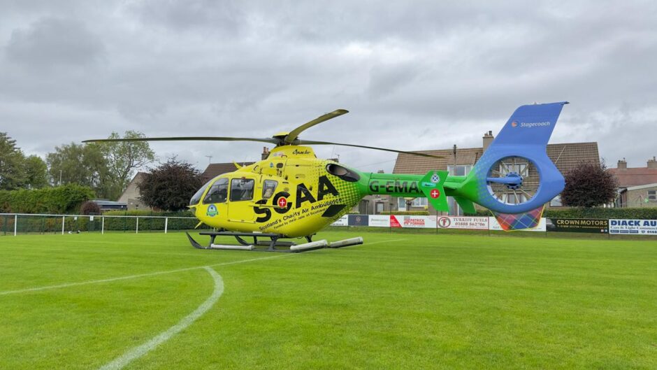 The air ambulance touches down in Rothienorman. Image: SCAA