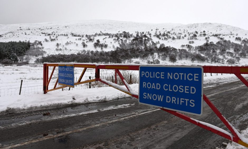 Snow gates closed at Braemar in January 2021.