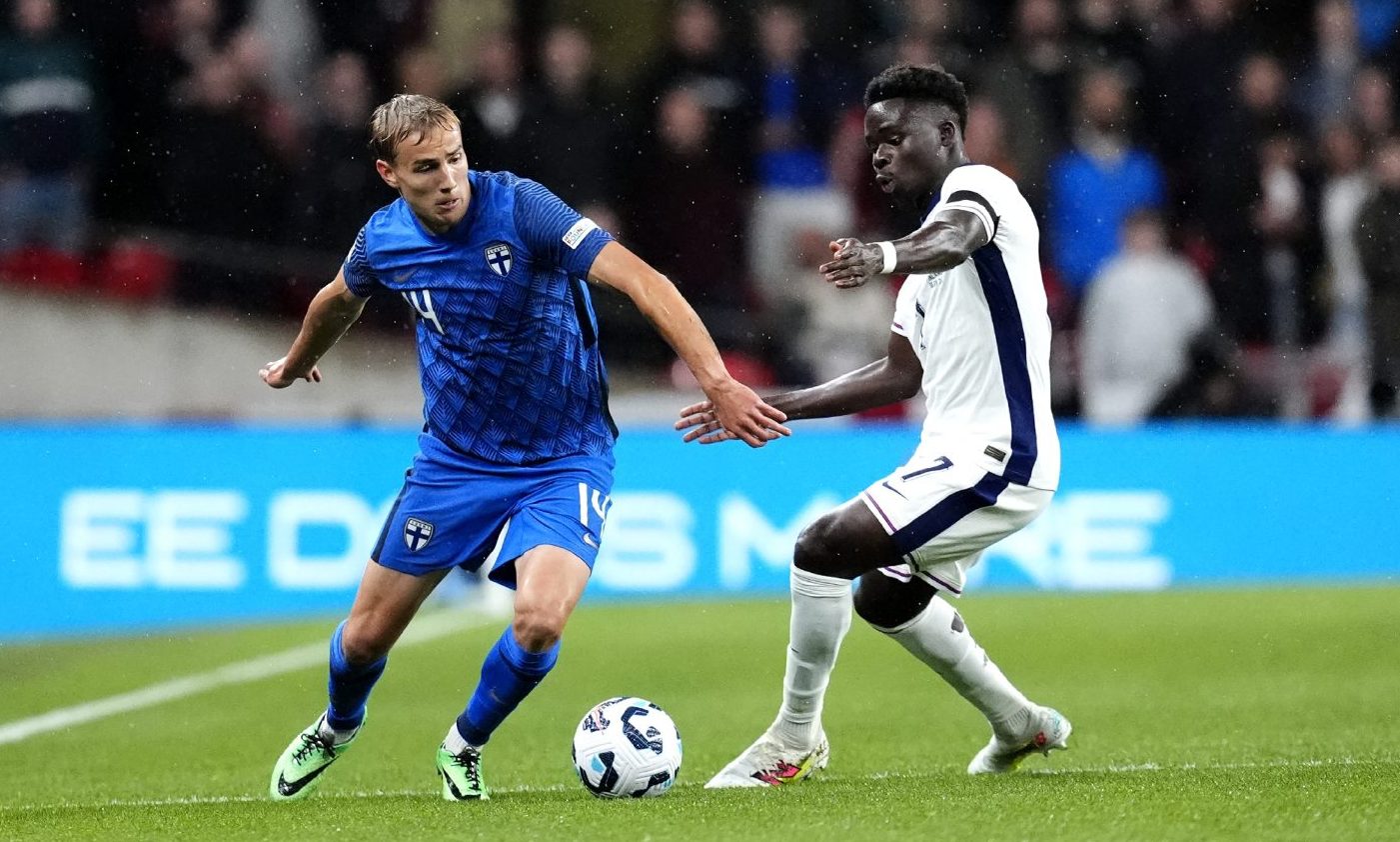 Finland's Topi Keskinen (left) and England's Bukayo Saka battle for the ball during the UEFA Nations League Group B2 match at Wembley. Image: PA