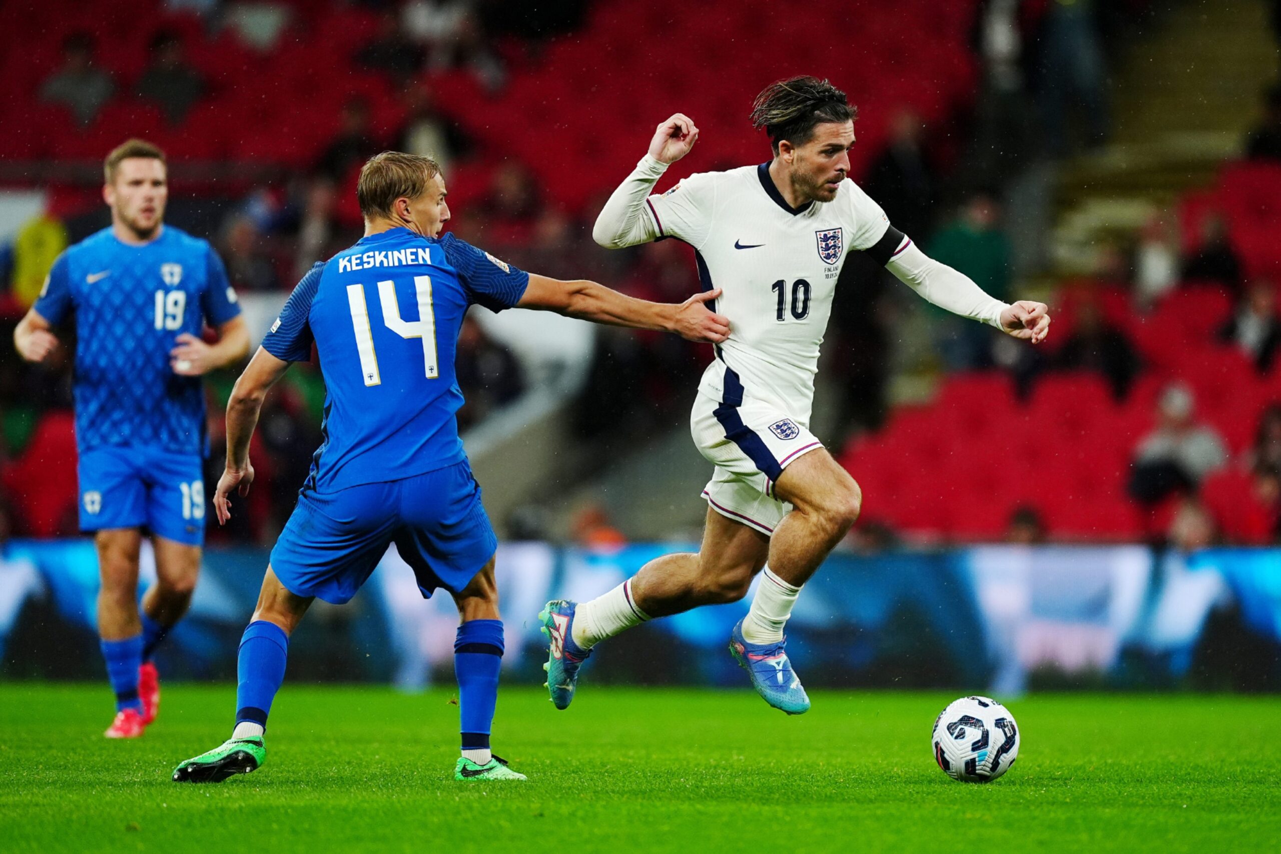 England's Jack Grealish (right) and Finland's Topi Keskinen battle for the ball during the UEFA Nations League Group B2 match at Wembley. Image: PA 