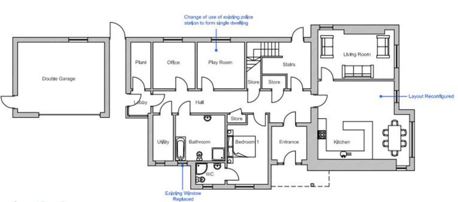 Blueprint showing planned layout of the family home within the layout of the former Police Station.