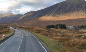 A82 overlooking hills and The Kigshouse Hotel.