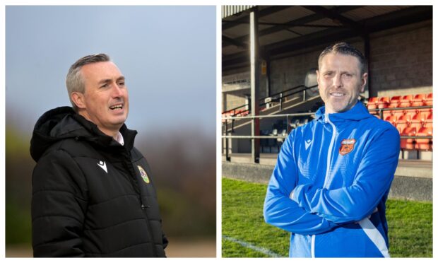 Forres Mechanics manager Steven MacDonald, left, and Rothes manager Richard Hastings.
Image created on September 13 2024.