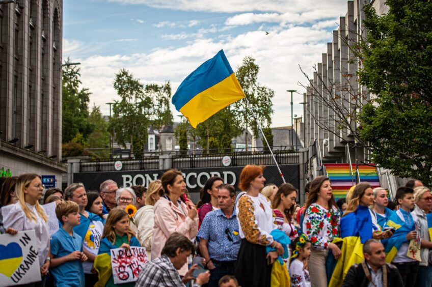 Ukrainians celebrate their Independence Day in St Nicholas Street, Aberdeen, in 2022. Image: Wullie Marr/DC Thomson