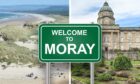 Collage of Dr Gray's hospital and Lossiemouth beach with "welcome to Moray" sign.