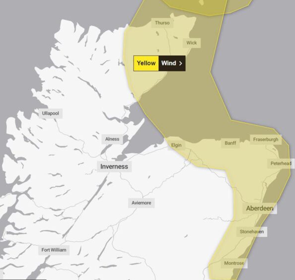 Map shows area across Scotland covered by Met Office yellow warning for wind, including Aberdeen, Aberdeenshire, Moray, Highland, and the Orkney Islands.