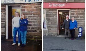 Pictures of Duncan and Gail Winfield outside Lybster Post Office 25 years apart