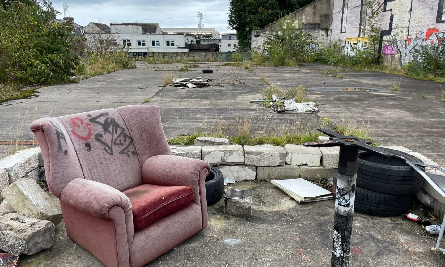 The abandoned Aberdeen site with a grotty armchair