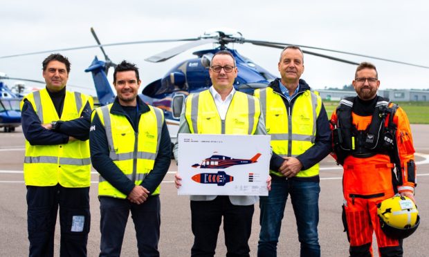 Search and Rescue flight manager David Punchard, Ultimate Aviation Group CEO Shaun Roseveare, OHSUK managing director Andy Rodden, OHSUK executive director Chris Krajewski, Search and Rescue paramedic and winchman Andrew Cowx. Image: 3x1 Group