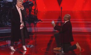 Tony proposed to Rebecca on Saturday's show. Image: STV/ The Voice UK