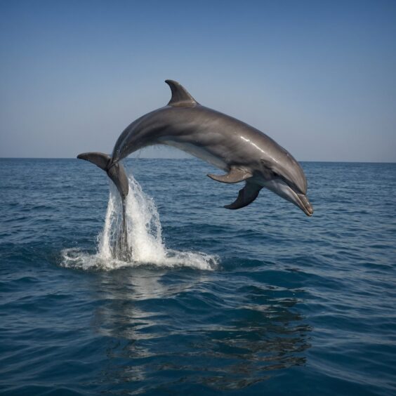 a dolphin leaps clear out of the water on a sunny day