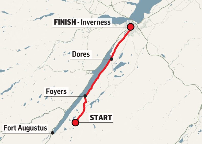 A map of the Loch Ness Marathon route showing how it starts between Fort Augustus and Foyers and finishes in Inverness city centre.