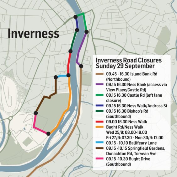 a graphic detailing the road closures for the Loch Ness Marathon