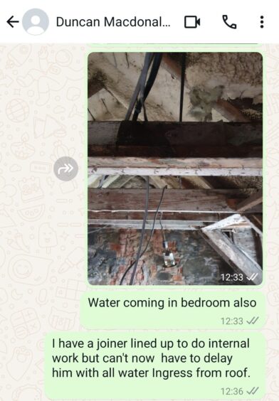 Screenshot of WhatsApp chat shows images of leaking roof sent by Aberdeenshire man to Duncan Macdonald.