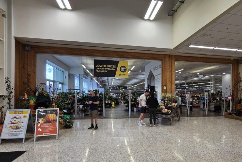 View of the entrance to Dobbies in Inverness.