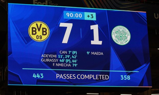 Borussia Dortmund's Signal Iduna Park scoreboard made grim reading for Celtic. Image: Shutterstock.