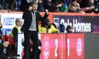 Aberdeen manager Jimmy Thelin celebrates at full time after the 2-1 win against Rangers at Pittodrie. Image: Shutterstock