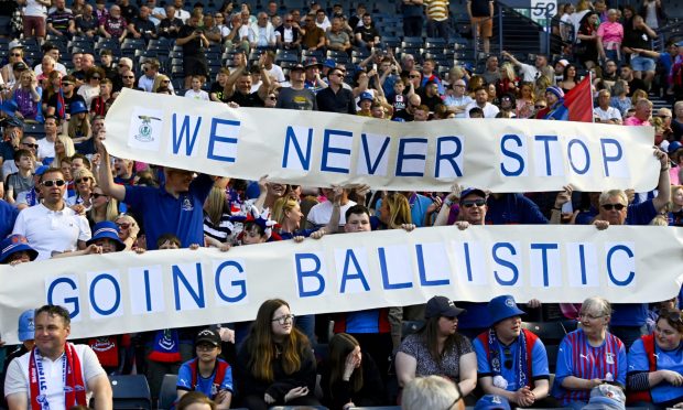 Caley Thistle fans during the good times of the 2023 Scottish Cup final in Glasgow when the side lost 3-1 to Celtic. Image: SNS.