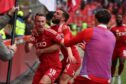 Aberdeen's Ante Palaversa celebrates scoring to make it 3-2 against Hearts at Pittodrie. Image: SNS