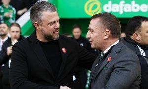 Celtic manager Brendan Rodgers and Aberdeen manager Jimmy Thelin at Parkhead. Image; SNS.