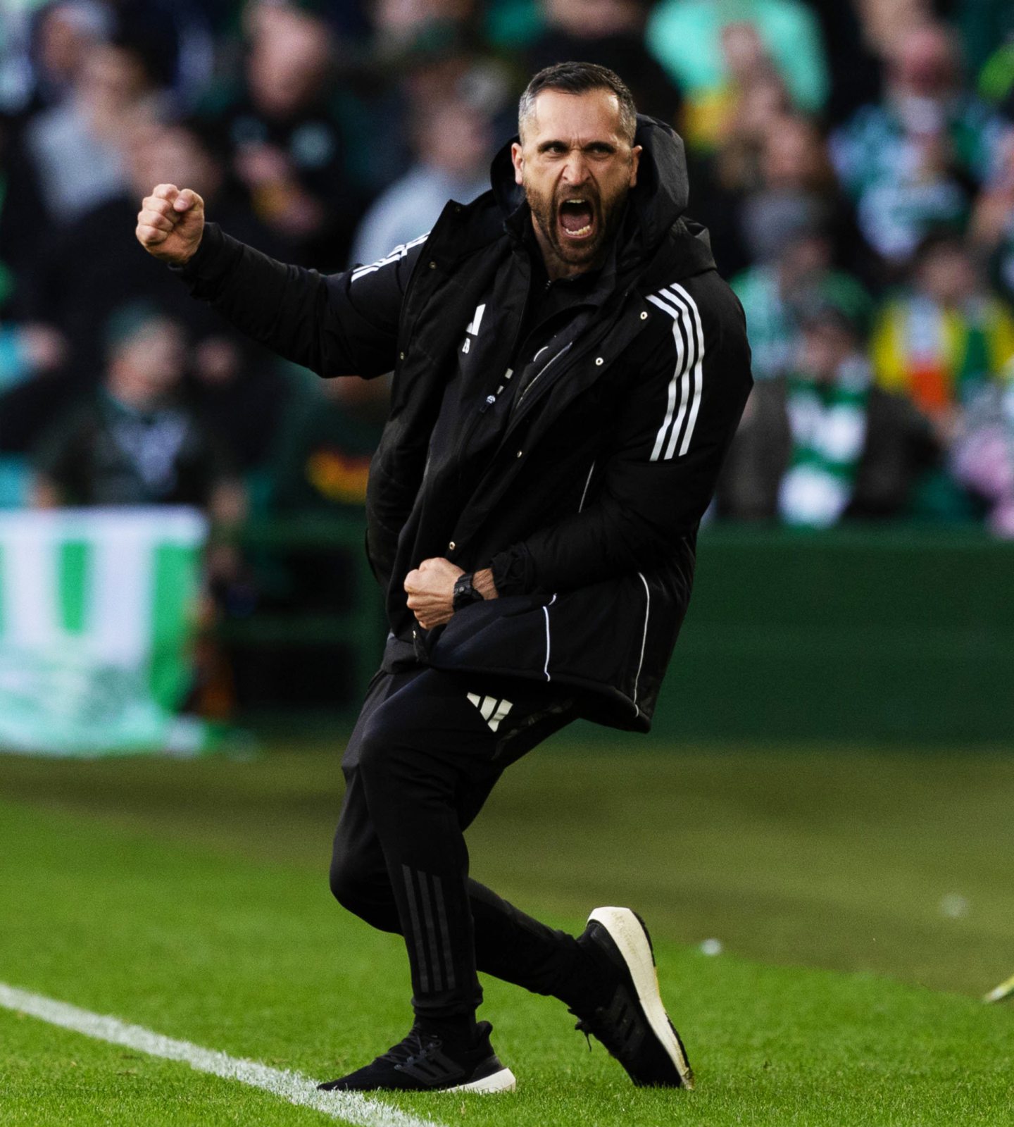 Aberdeen assistant Manager Emir Bajrami celebrates during the 2-2 Premiership draw with Celtic at Parkhead. Image: SNS