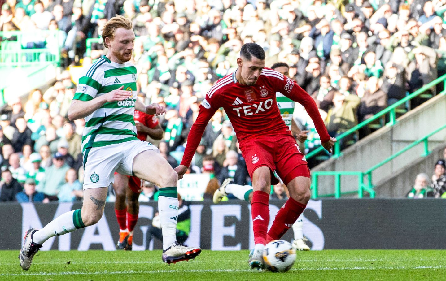 Aberdeen's Ester Sokler scores to make it 2-1 against Celtic. during a William Hill Premiership match between Celtic and Aberdeen at Celtic Park, on October 19, 2024, in Glasgow, Scotland. (Photo by Alan Harvey / SNS Group)