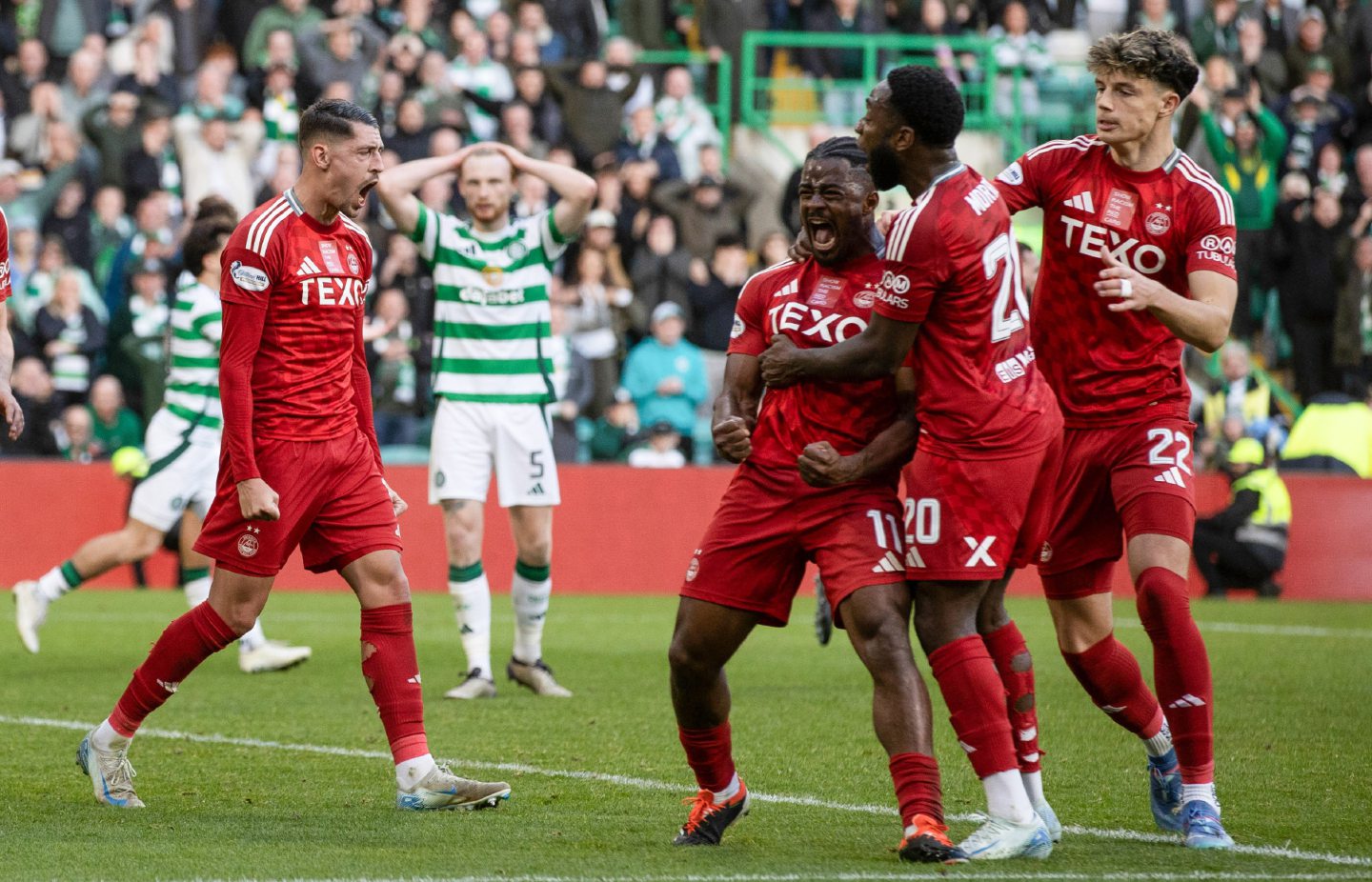 Aberdeen's Duk celebrates a block on the line in the last minute during the 2-2 draw with Celtic at Parkhead. Image: SNS 