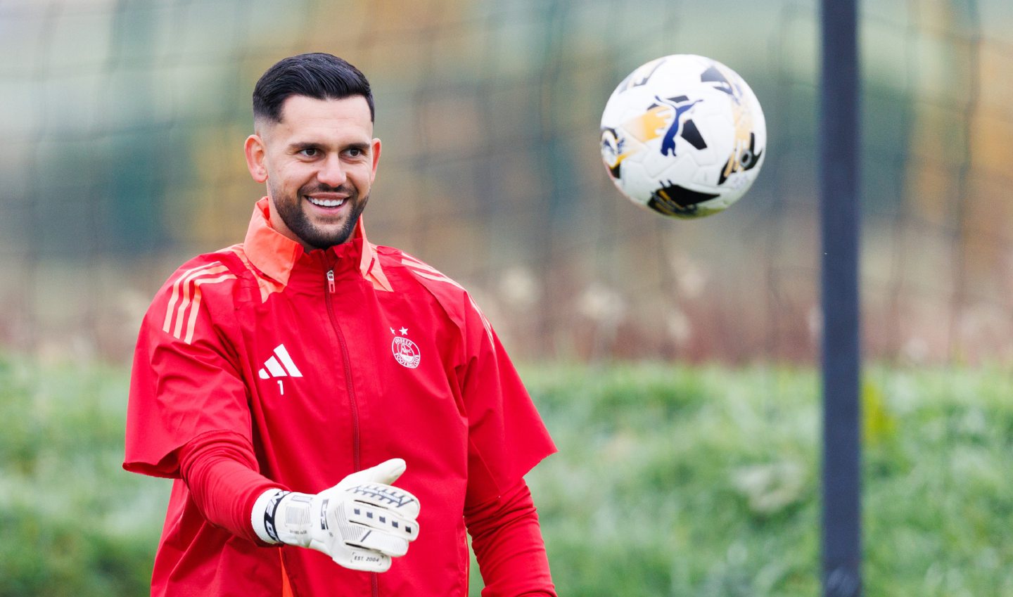 Dimitar Mitov during an Aberdeen training session at Cormack Park ahead of the game against Dundee United. Image: SNS 