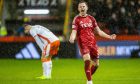 Aberdeen's Nicky Devlin celebrates at full time after the win against Dundee United. Image: SNS.