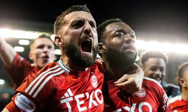 Aberdeen's Shayden Morris (R) celebrates scoring to make it 2-1 against Rangers with Graeme Shinnie. Image: SNS