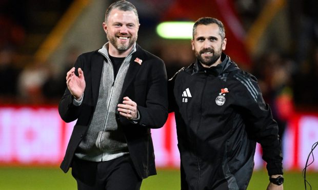 Aberdeen manager Jimmy Thelin, left, at full time during a William Hill Premiership match between Aberdeen and Rangers at Pittodrie Stadium. Image: SNS.