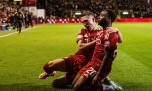 Aberdeen's Shayden Morris celebrates scoring to make it 2-1 with Ante Palaversa against Rangers. Image: SNS