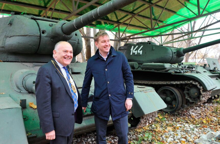 While Lord Provost, Barney Crockett took in a tour of Russian military vehicles at the Glinki Museum in Moscow, alongside Ivan Kurdanin, the head of the Losino-Petrovsky municipal district. Image: Moscow Caledonian Club/Facebook