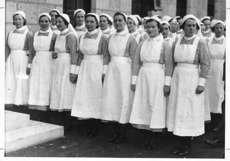 Pictured amid rows of nurses at Aberdeen Foresterhill Hospital opening in 1936 is nurse Jane Curran.