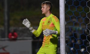 Banks o' Dee v Aberdeen B at Spain Park in the semi-final of the Evening Express Aberdeenshire Cup on Wednesday October 2 2024. Aberdeen goalkeeper Rodrigo Vitols marshalling his defence. Image: Darrell Benns/DC Thomson.