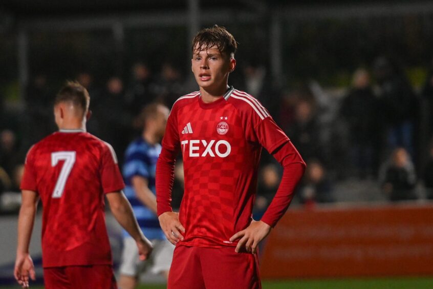 Banks o' Dee v Aberdeen B at Spain Park in the semi-final of the Evening Express Aberdeenshire Cup on Wednesday October 2 2024. Aberdeen's Lewis Carrol. Image: Darrell Benns/DC Thomson.