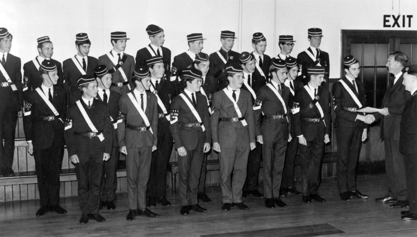 Image shows the Boys' Brigade members lined up at their Aberdeen HQ, wearing their uniforms