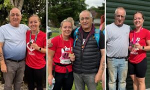 Leanne McKay and Roy Mearns pose for photos after Leanne's three 5Ks.From left to right, River Ness 5k, Banchory 5k and Huntly 5k. Image: Supplied by Leanne McKay