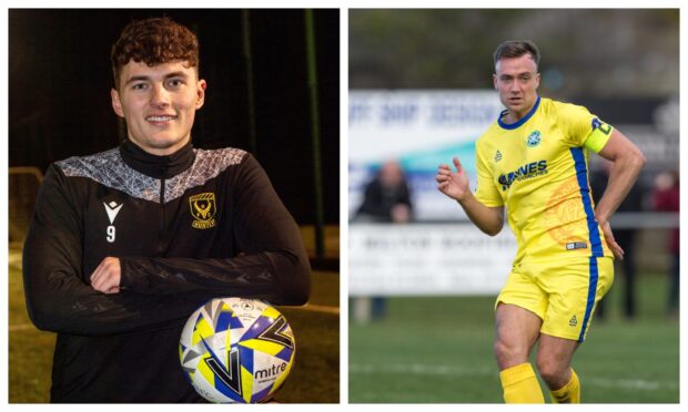 Ross Still, right, heads home Huntly's second goal in their Evening Express Aberdeenshire Cup semi-final win against Buckie Thistle. Pictures by Kenny Elrick/DCT Media.