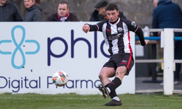 24 April 2024. King George V Park,Alistair Road,Golspie,Scotland,KW106SW. This is from the Breedon Highland League Match between Brora Rangers FC and Wick Academy FC. PICTURE CONTENT: Wick's Kyle Henderson                      CREDIT: Jasperimage