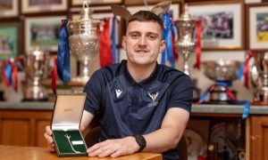 Robert Mabon,  Scotland captain, with his commemorative kilt pin ahead of the shinty-hurling international in Ireland. Image: Neil G Paterson.