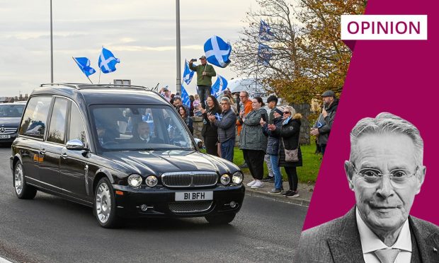 Moira Salmond (second left) leaves the funeral service for her husband former first minister of Scotland Alex Salmond, at Strichen Parish Church. Image: Kath Flannery/DC Thomson.