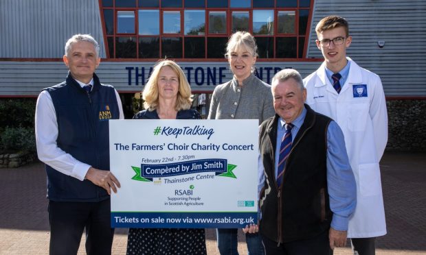 L-r Grant Rogerson, chief executive of ANM Group, Carol McLaren,  CEO of RSABI, choirmaster Kate Picken, and Alan Hutcheon and Harvey Stuart, of ANM Group. Image: Muckle Media