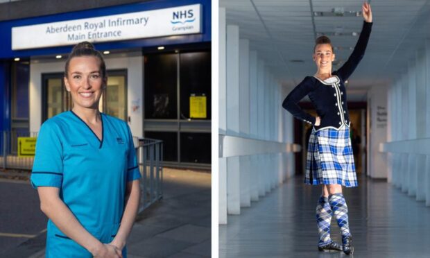 Rebecca Thow outside Aberdeen Royal Infirmary (ARI) and inside one of the corridors dressed in Highland dancing dancewear.