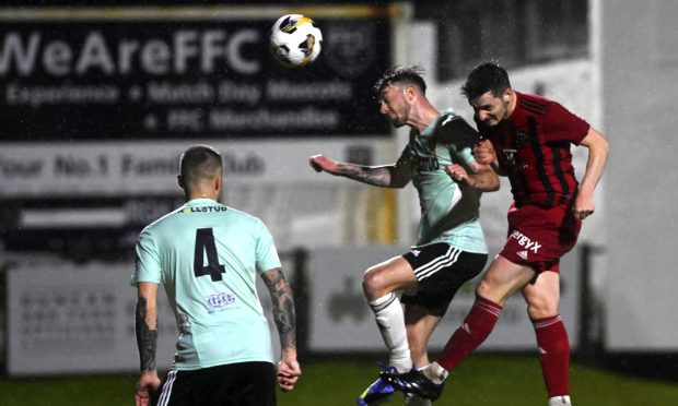 CR0050374, Callum Law, Fraserburgh.
Highland League game Fraserburgh v Formartine United. 
Picture of Sean Butcher, right scoring to make 1-0 to Fraserburgh.
Wednesday, October 16th, 2024, Image: Kenny Elrick/DC Thomson