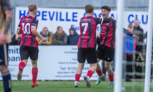 Jay Halliday, right, celebrates after scoring for Inverurie Locos against Dundee North End in the Scottish Cup. Pictures by Kath Flannery/DCT Media.