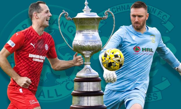 Brora Rangers' Michael Finnis, left, and Clachnacuddin's Joe Malin, right, with the North of Scotland Cup in the middle.
Image created by DCT Design Desk on October 17 2024 ahead of the North of Scotland Cup final between Brora and Clach on October 19 2024.