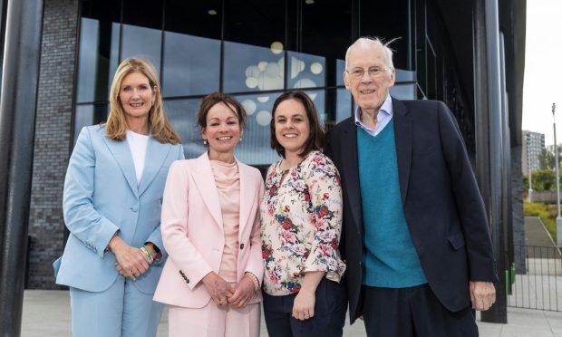 Opportunity North East (ONE) chief executive Jennifer Craw, Novabiotics founder and chief executive Deborah O'Neil, deputy first minister Kate Forbes, and Sir Ian Wood, chairman of ONE. Image: Opportunity North East